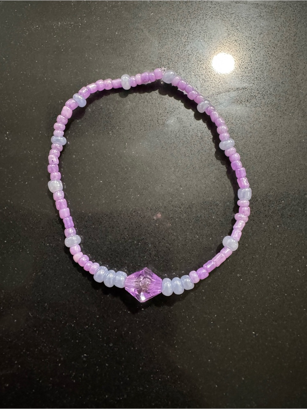 Handmade Lavender Beaded Stretch Bracelet with Faceted Center Bead